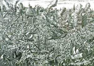 1755 copper engraving showing Lisbon in flames and a tsunami overwhelming the ships in the harbour.