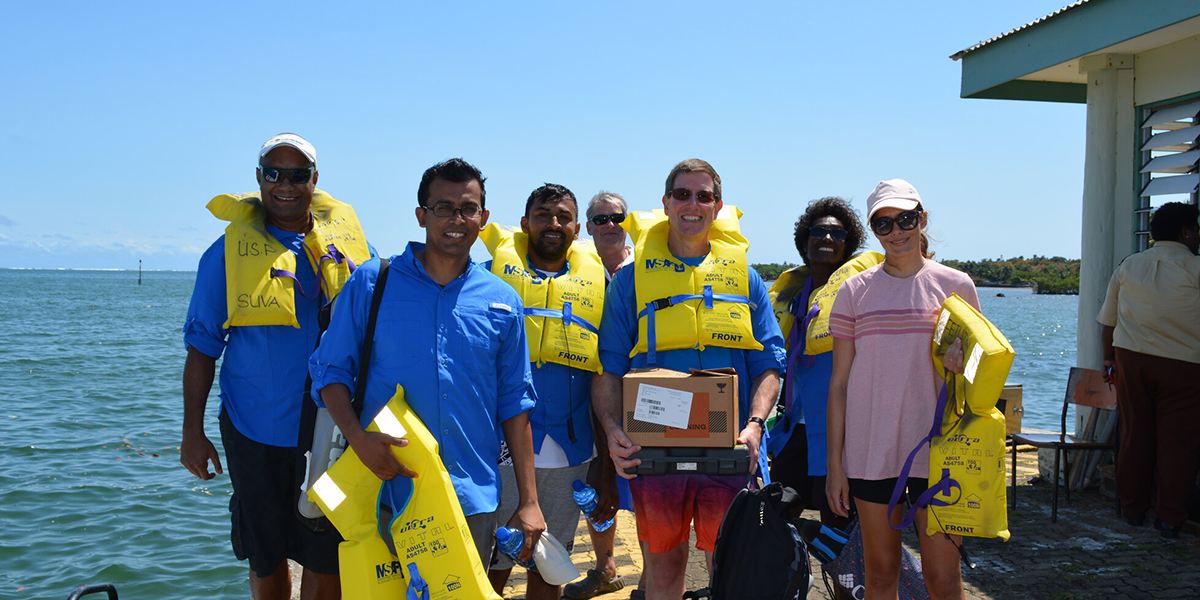 Ocean scientists in Fiji with life vests