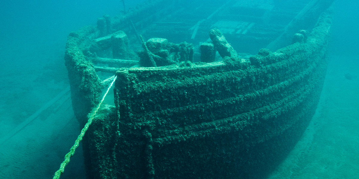 Underwater shipwreck in the ocean