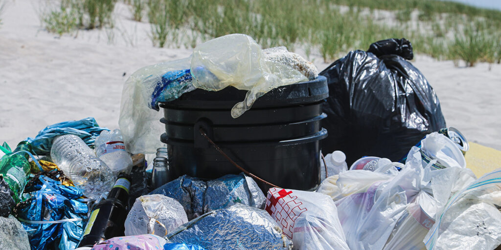 Plastic trash on beach after beach cleanup