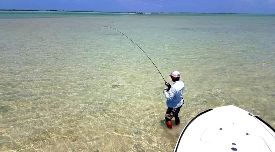 Man fishing in clear water