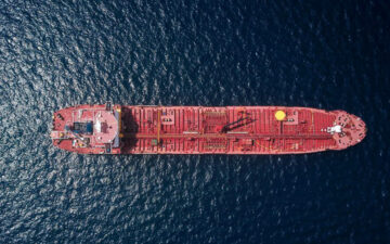 Oil tanker in ocean from above