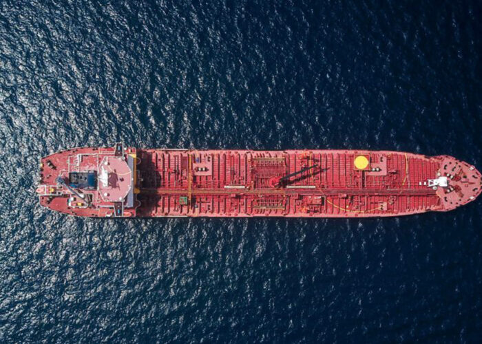 Oil tanker in ocean from above