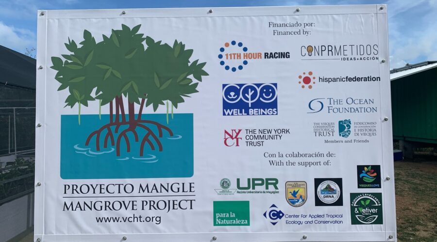 A Sign that says "The Mangrove Project" along with logos of all partners involved in the project.