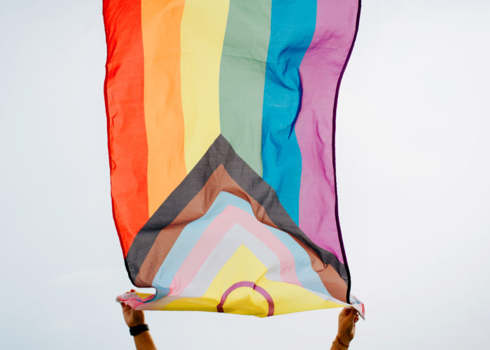 Pride 2022: Rainbow flag, new international symbol for LGBTQ + community, gay, lesbian, transperson and people of color. Person holding waving LGBT flag against clear sky background, low angle view