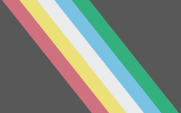 Disability pride flag with charcoal background, and red, yellow, white, blue, and green diagonal lines in the center