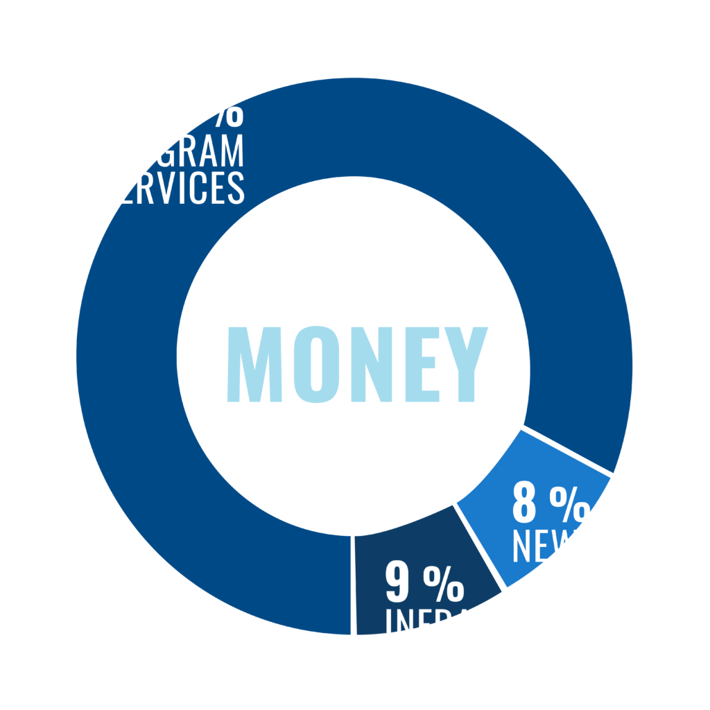 A pie chart that shows where our donors' money goes towards.

84% of donations go towards program services.

8.6% of donations go towards infrastructure and administration.

7.7% of donations go towards new ideas.