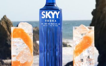 SKYY and The Ocean Foundation: A bottle of SKYY vodka with a few glasses next to it, in front of the ocean.