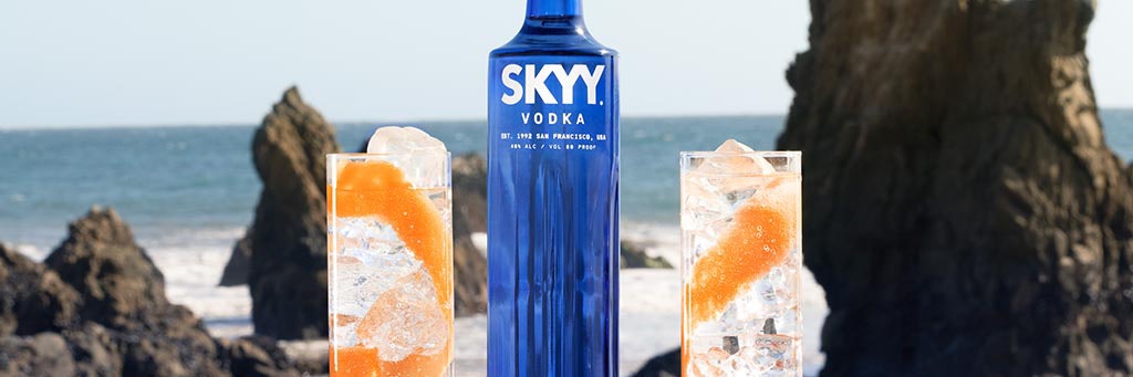 SKYY and The Ocean Foundation: A bottle of SKYY vodka with a few glasses next to it, in front of the ocean.