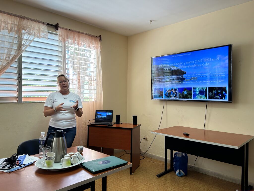 Dr. Dorka Cobián Rojas presenting on the coral restoration activities at Guanahacabibes National Park, Cuba.