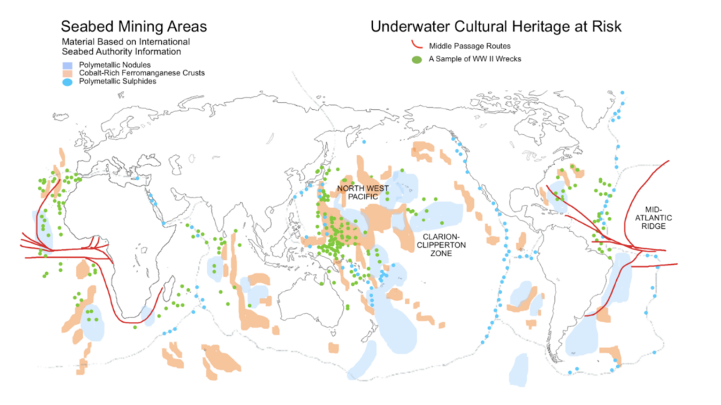 Map of some Underwater Cultural Heritage and regions anticipated to be impacted by Deep Seabed Mining. Created by Charlotte Jarvis.