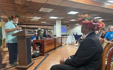 Solomon “Uncle Sol” Kaho‘ohalahala speaks at an event held by the Te Ipukarea Society on the importance of intangible heritage and Indigenous experiences with the ocean. Photo credit: Bobbi-Jo Dobush