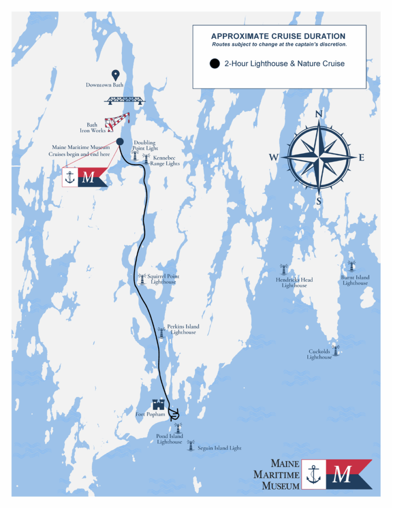 Um mapa do Maine com um caminho para um passeio de 2 horas até o farol.