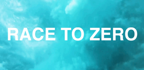 Race to Zero in white lettering over a turquoise plume in the ocean.