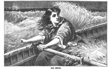 Black and white drawing of a white woman rowing through rough waters.