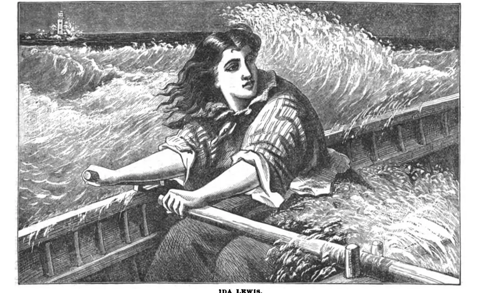 Black and white drawing of a white woman rowing through rough waters.